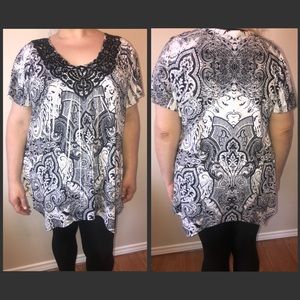 ONE WORLD BLACK & WHITE PRINT SILKY SHIRT SZ 2X